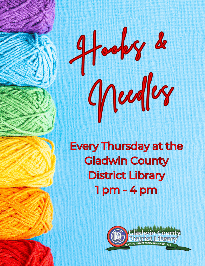 Hooks & Needles Every Thursday at the Gladwin County District Library 1-4pm