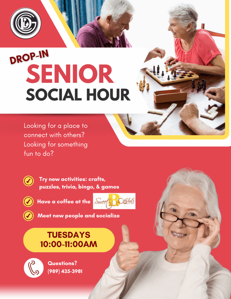 Drop-In Senior Social Hour Looking for a place to connect with others? Looking for something fun to do? Try new activities: crafts, puzzles, trivia, bingo, & games. Have a coffee at the Sweet B Cafe, Meet new people and socialize Tuesdays 10-11am Questions? 989-435-3981