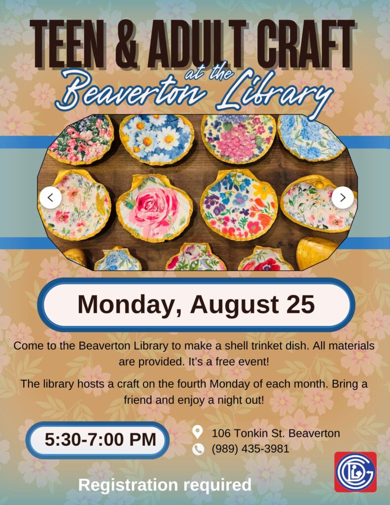 Teen & Adult Craft at the Beaverton Library Monday, August 25th. Come to the Beaverton Library to make a shell trinket dish. All materials are provided. It's a free event! The library hosts a craft on the 4th Monday of each month. Bring a friend and enjoy a night out!